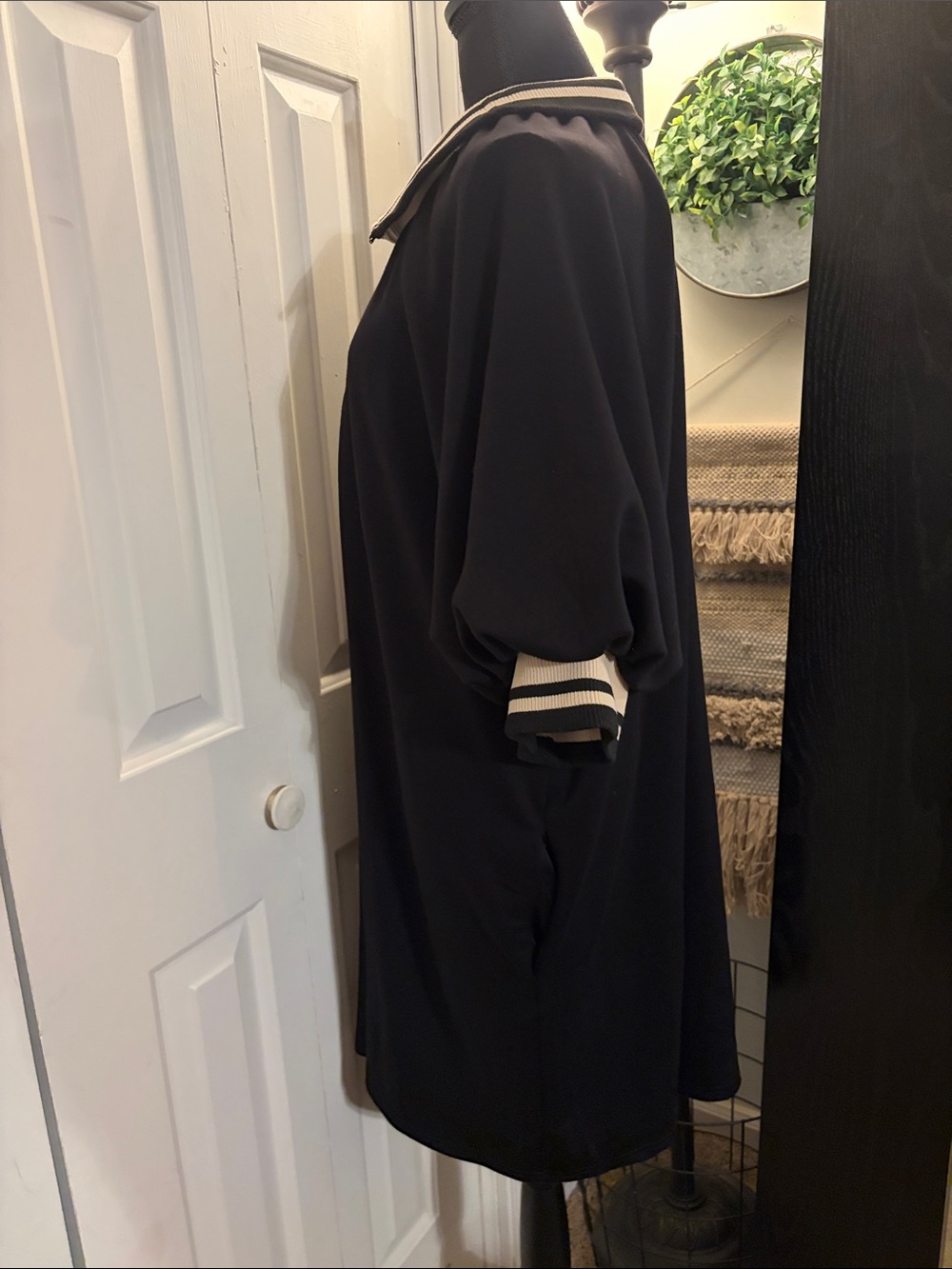 Black Half Zip Puff Sleeve Mini Dress with Contrast Collar and Cuffs - Picture 3 of 8